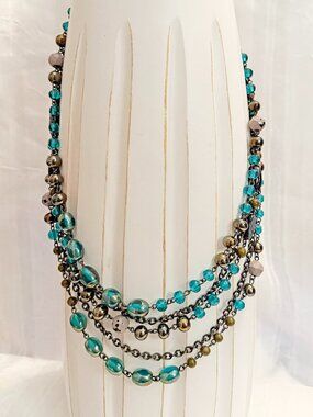 Vibrant Teal & Gunmetal Multi-Strand Statement Necklace - Boho Chic